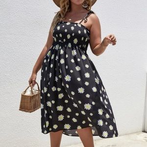 Floral print daisy boho midi dress cami tie strap shirred bust black